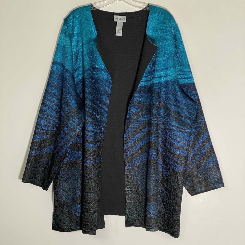 Catherines Reversible Jacket Womens 3X Blue Black Abstract Art To Wear Classic